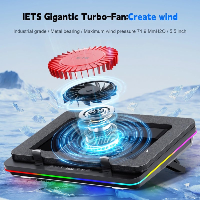 IETS GT600 RGB Laptop Cooling Pad Equipped with Gigantic Turbo-Fan（5.5inch Diameter）,Sealed Foam for Rapid Cooling Gaming Laptop,14.1-19.3 inch Laptop Cooler with 3-Port USB Hub,Dust Filter - Image 2